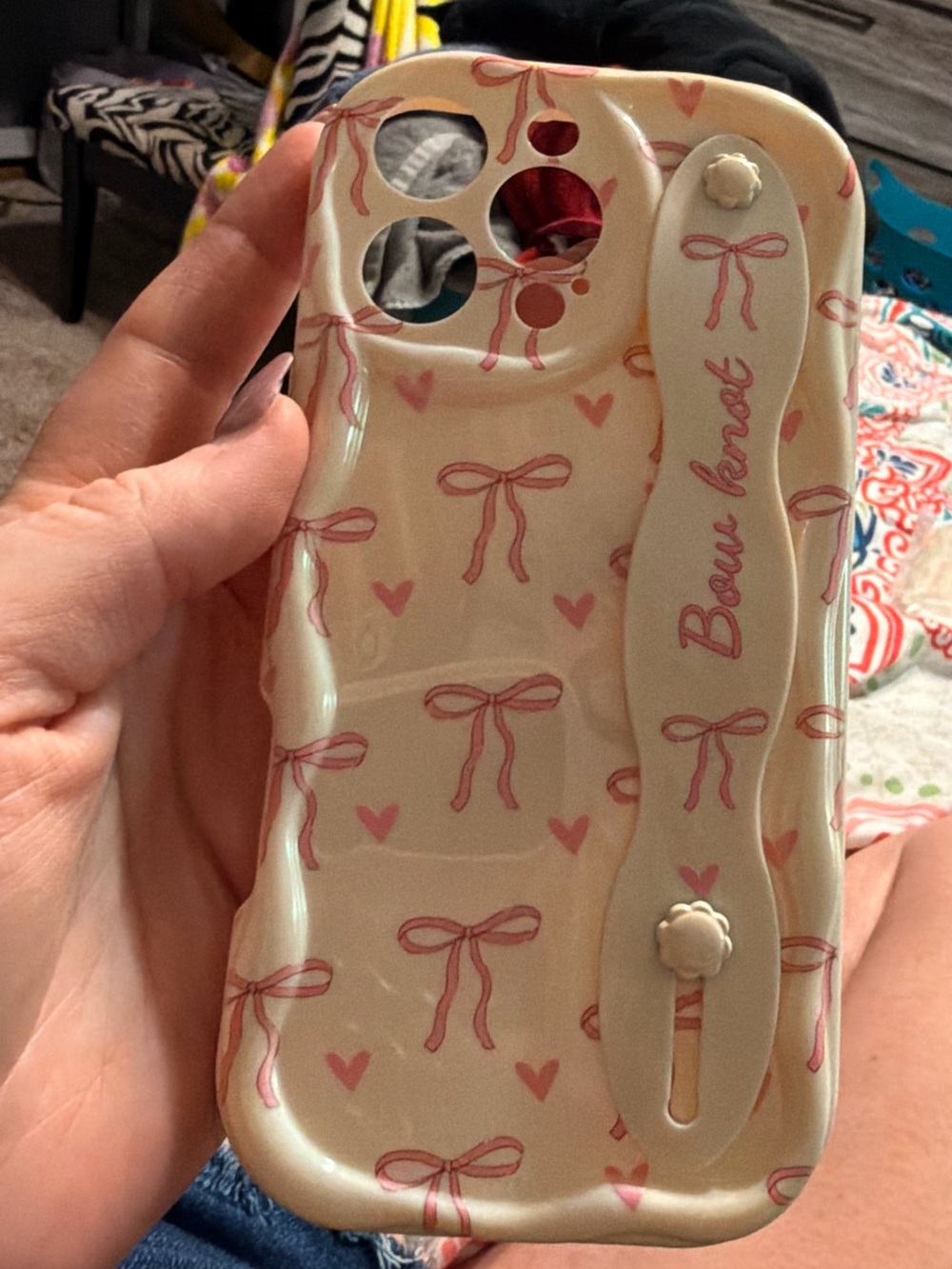 Pink Bow Pattern Phone Case with Hand Strap